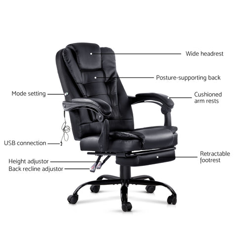 Image of Office Chair Electric Massage Chairs Recliner Computer Gaming With Footrest - Artiss Black