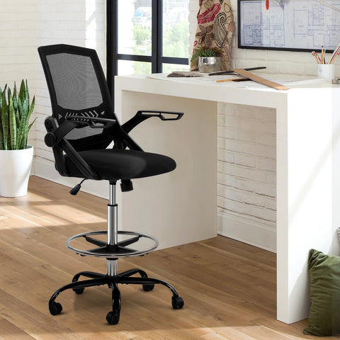 Image of Artiss Office Chair Veer Drafting Stool Mesh Chairs Flip Up Armrest Black