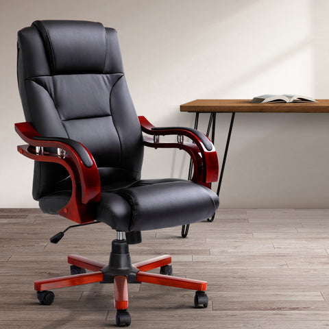Image of Artiss Executive Wooden Office Chair Wood Computer Chairs Leather Seat Sherman
