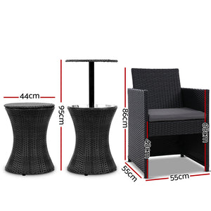 Gardeon Outdoor Furniture Bar Table Set Wicker Chairs Cooler Ice Bucket Patio Bistro Set Coffee