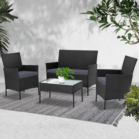 Image of Gardeon 4-piece Outdoor Lounge Setting Wicker Patio Furniture Dining Set Black