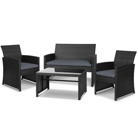 Image of Gardeon Set of 4 Outdoor Rattan Chairs & Table - Black 