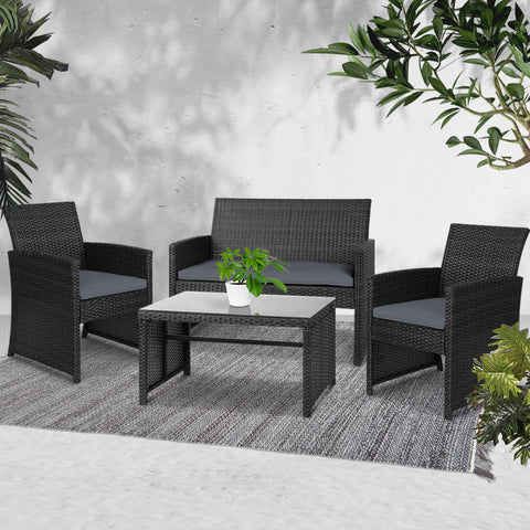 Image of Gardeon Set of 4 Outdoor Lounge Setting Rattan Patio Wicker Dining Set Black