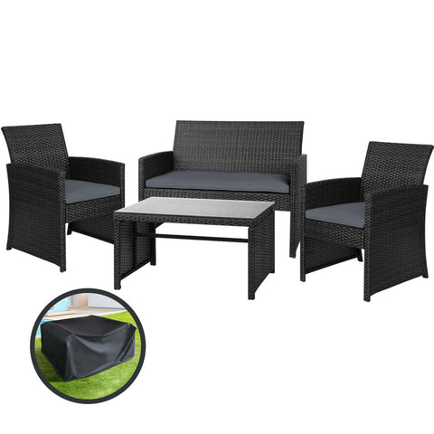 Image of Gardeon Garden Furniture Outdoor Lounge Setting Wicker Sofa Set Storage Cover Black