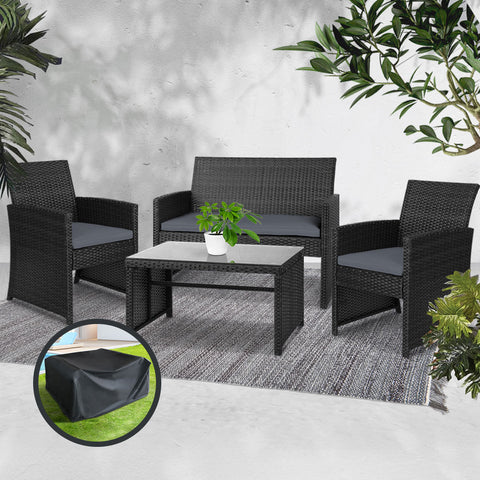 Image of Gardeon Rattan Furniture Outdoor Lounge Setting Wicker Dining Set w/Storage Cover Black