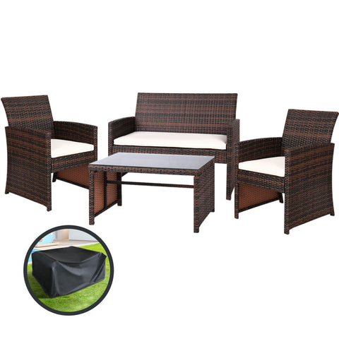 Image of Gardeon Garden Furniture Outdoor Lounge Setting Wicker Sofa Set Storage Cover Brown