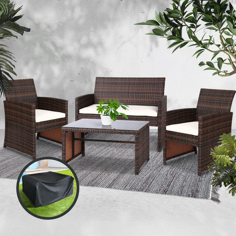 Image of Gardeon Rattan Furniture Outdoor Lounge Setting Wicker Dining Set w/Storage Cover Brown