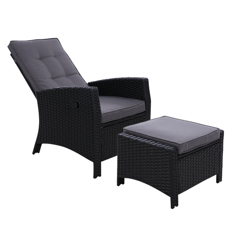 Image of Sun lounge Recliner Chair Wicker Lounger Sofa Day Bed Outdoor Furniture Patio Garden Cushion Ottoman Black Gardeon