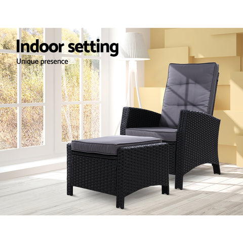 Image of Sun lounge Recliner Chair Wicker Lounger Sofa Day Bed Outdoor Furniture Patio Garden Cushion Ottoman Black Gardeon