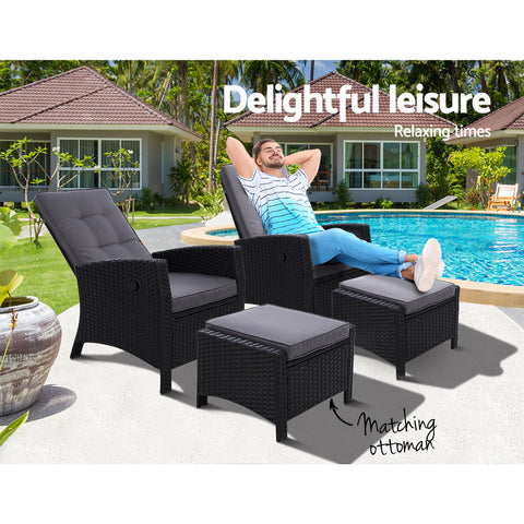 Image of 2PC Sun lounge Recliner Chair Wicker Lounger Sofa Day Bed Outdoor Chairs Patio Furniture Garden Cushion Ottoman Gardeon