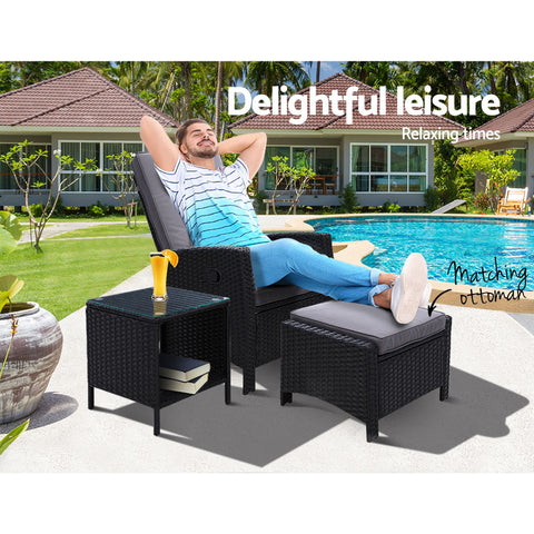 Image of Gardeon Outdoor Setting Recliner Chair Table Set Wicker lounge Patio Furniture Black