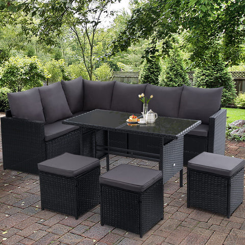 Image of Gardeon Outdoor Furniture Dining Setting Sofa Set Lounge Wicker 9 Seater Black
