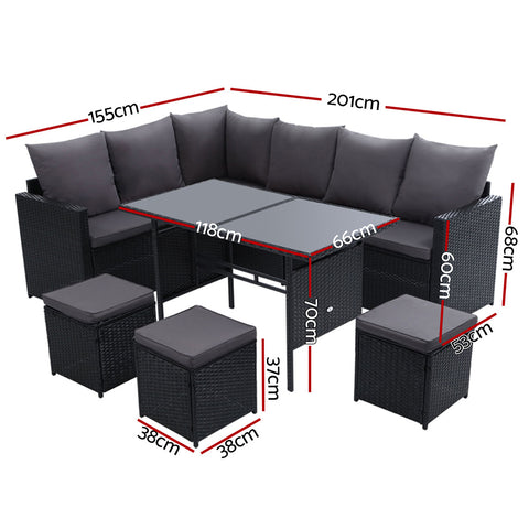 Image of Gardeon Outdoor Furniture Dining Setting Sofa Set Wicker 9 Seater Storage Cover Black