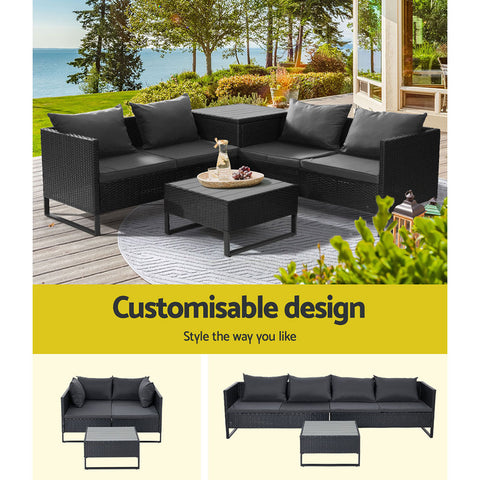 Image of Gardeon Outdoor Sofa Furniture Garden Couch Lounge Set Wicker Table Chair Black