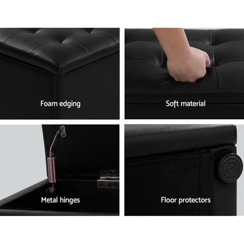 Image of Artiss Storage Ottoman Blanket Box Black LARGE Leather Rest Chest Toy Foot Stool