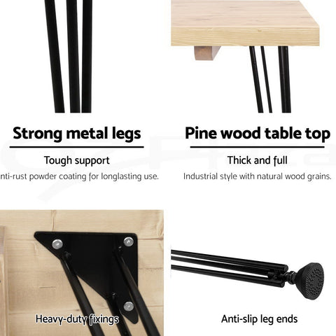 Image of Artiss Dining Table 4 Seater 100 x 65cm Pine Wood Industrial Scandinavian Timber Metal Black Legs Brown Rectangular Tables