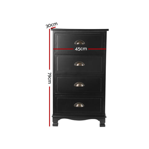 Image of Artiss Vintage Bedside Table Chest 4 Drawers Storage Cabinet Nightstand Black
