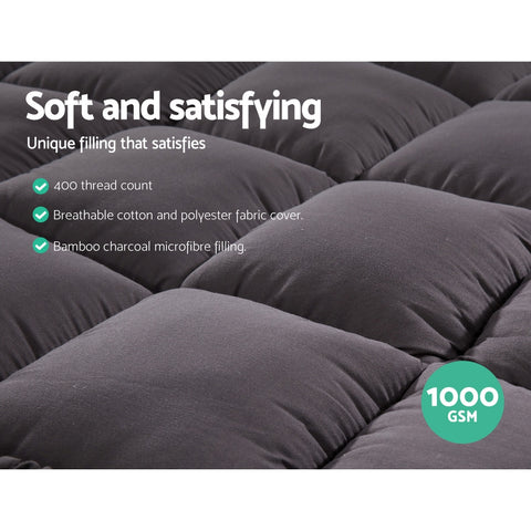 Image of Giselle King Mattress Topper Pillowtop 1000GSM Charcoal Microfibre Bamboo Fibre Filling Protector