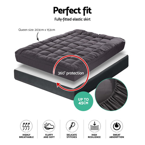 Image of Giselle Queen Mattress Topper Pillowtop 1000GSM Charcoal Microfibre Bamboo Fibre Filling Protector