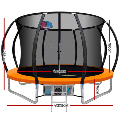 Image of Everfit 10FT Trampoline Round Trampolines With Basketball Hoop Kids Present Gift Enclosure Safety Net Pad Outdoor Orange