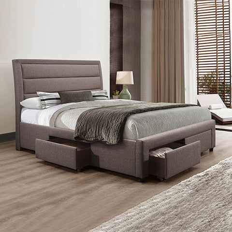 Image of Storage Bed Frame Queen Size Upholstery Fabric in Light Grey with Base Drawers