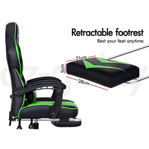 Image of ALFORDSON Gaming Office Chair Racing Executive Padding Footrest Computer Seat PU Leather - Black Green