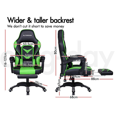 Image of ALFORDSON Gaming Office Chair Racing Executive Padding Footrest Computer Seat PU Leather - Black Green
