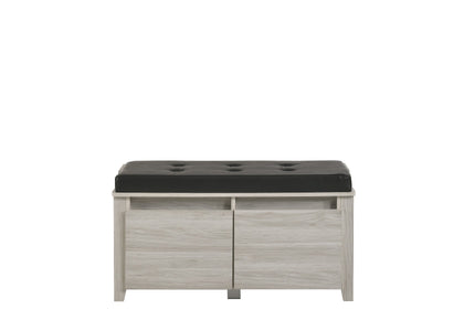2 Drawers Bench Stool Storage Ottoman With Leather Upholstery In White Oak
