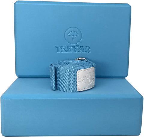 Image of yoga block and strap blue